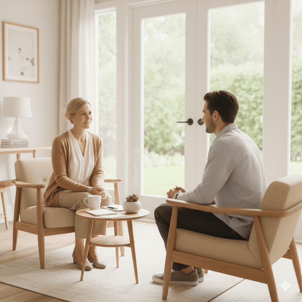 A photograph of a confident and professional therapist in their welcoming office.