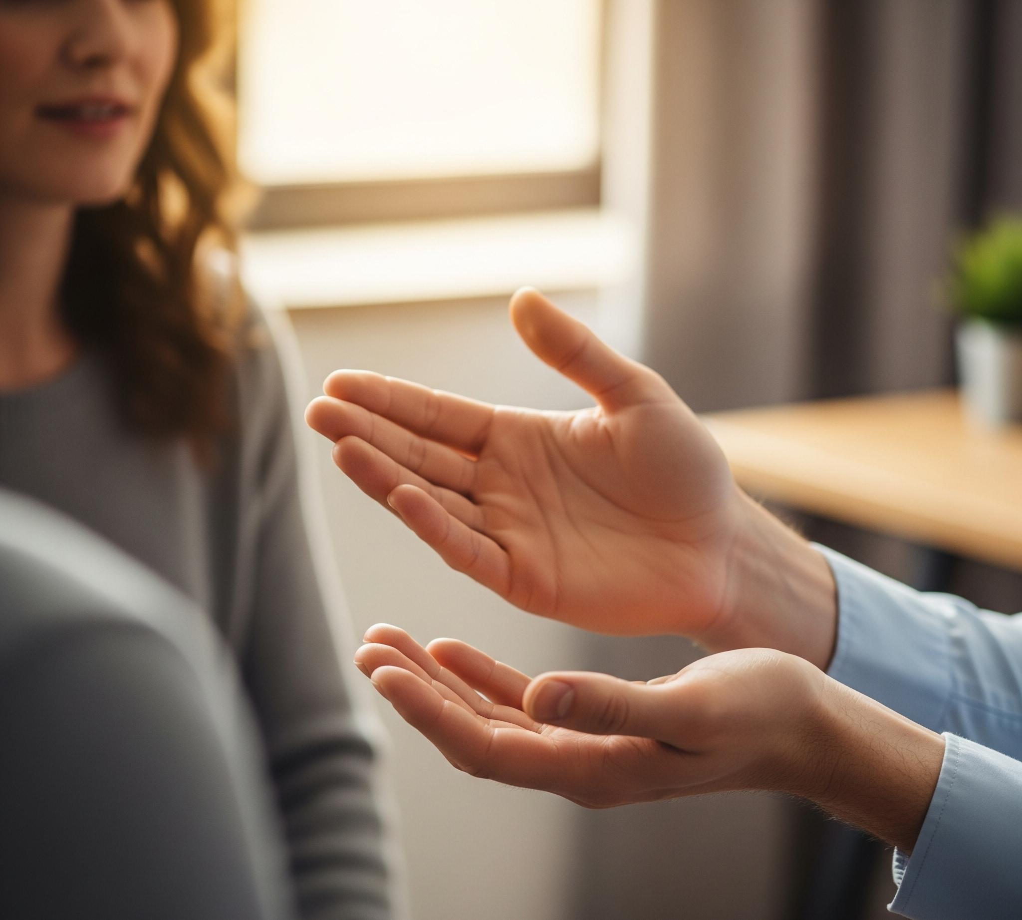 A realistic photo of a therapy session focusing on the warm and professional connection between therapist and client.