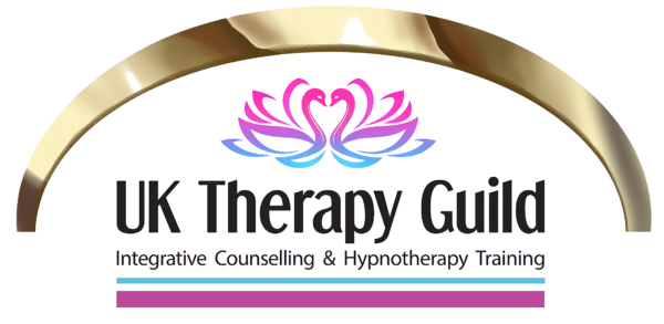 Gold arch over twin gradient swans forming a heart, black training text and pink/blue lines — counselling & hypnotherapy training, Liverpool