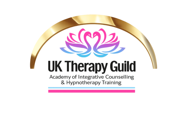 Gold arch over twin gradient swans forming a heart, black training text and pink/blue lines — counselling & hypnotherapy training, Liverpool