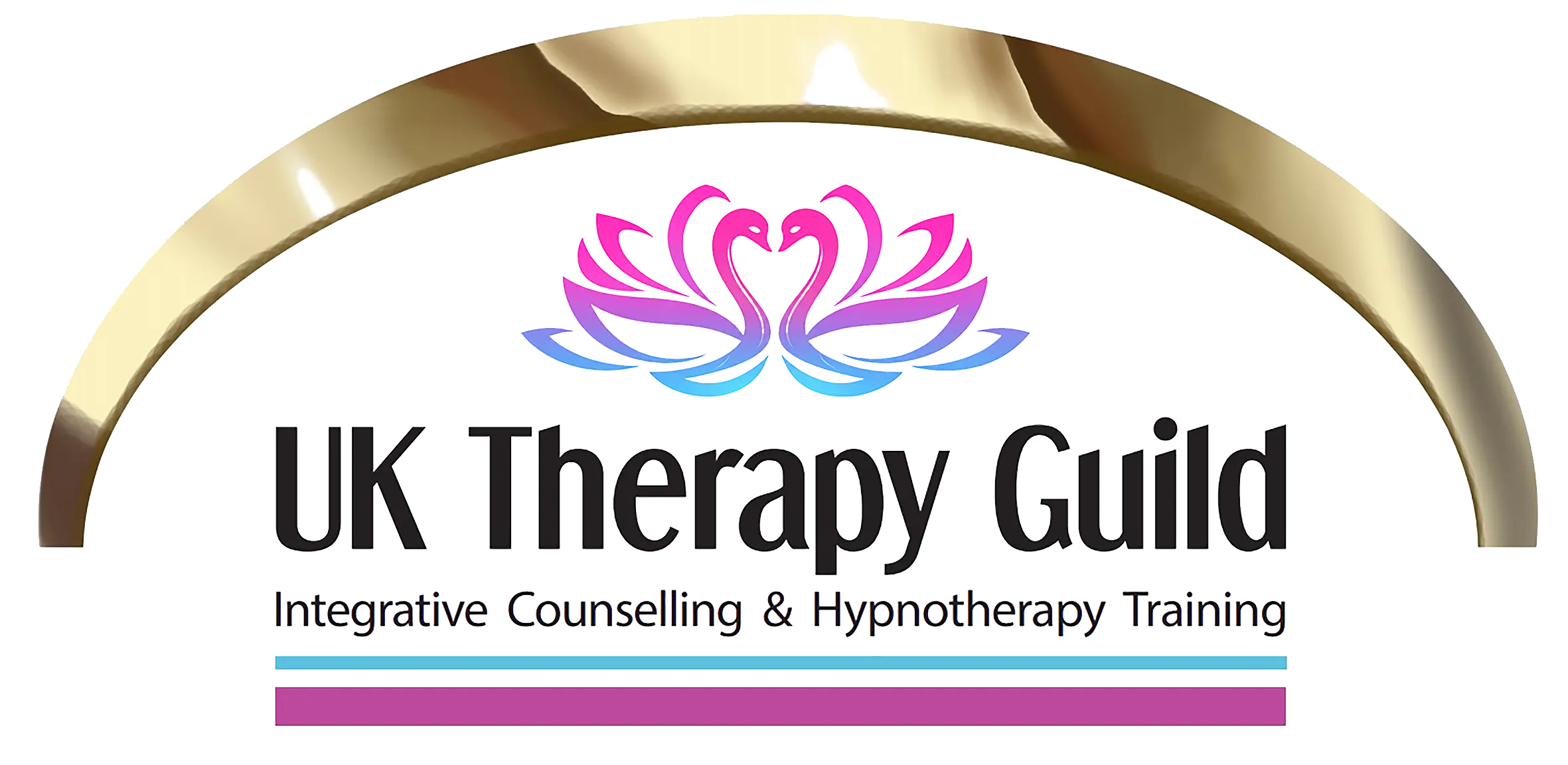 Gold arch over twin gradient swans forming a heart, black training text and pink/blue lines — counselling & hypnotherapy training, Liverpool