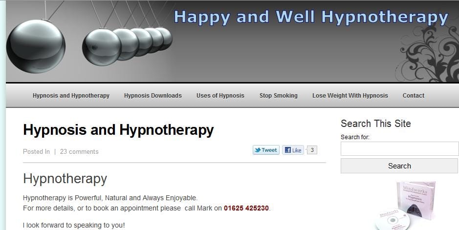 Silver swinging pendulum balls and "Happy and Well Hypnotherapy" header graphic, representing hypnotherapy and training in Liverpool