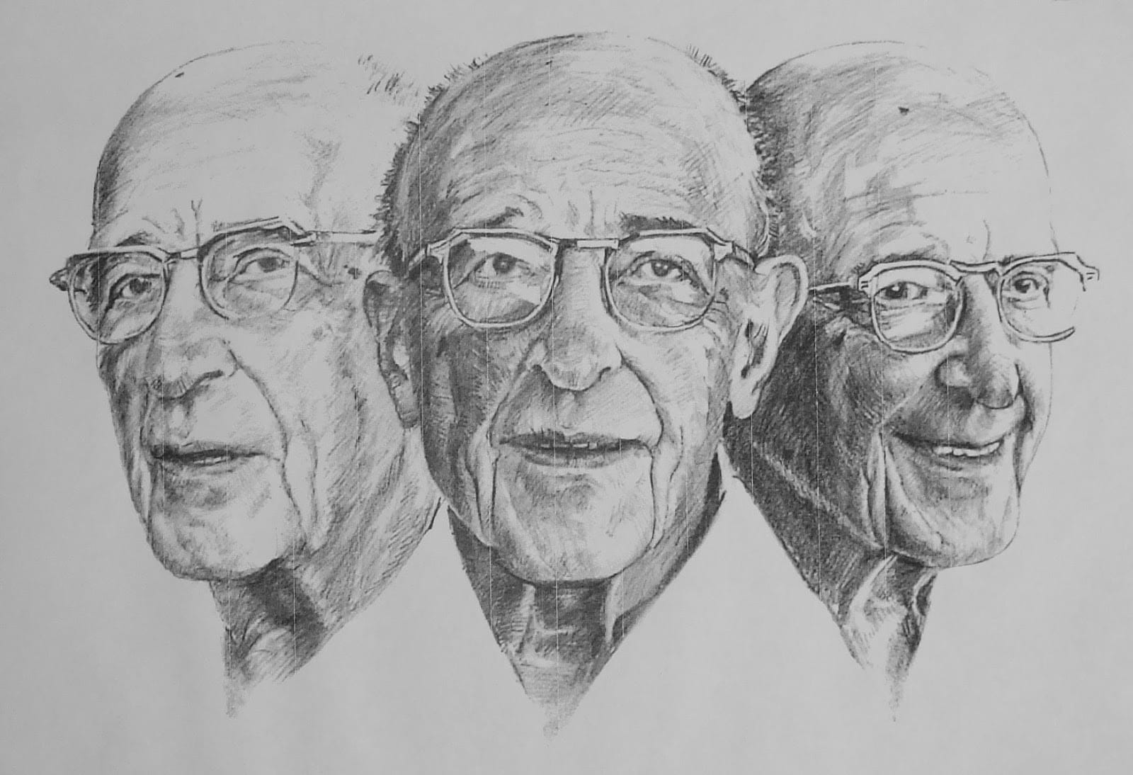 Triptych pencil portrait of an elderly man with glasses, three angled views — counselling and therapy training illustration, Liverpool